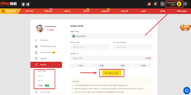 Giao dịch nạp – rút tại May88 diễn ra cực nhanh chỉ trong vài phút